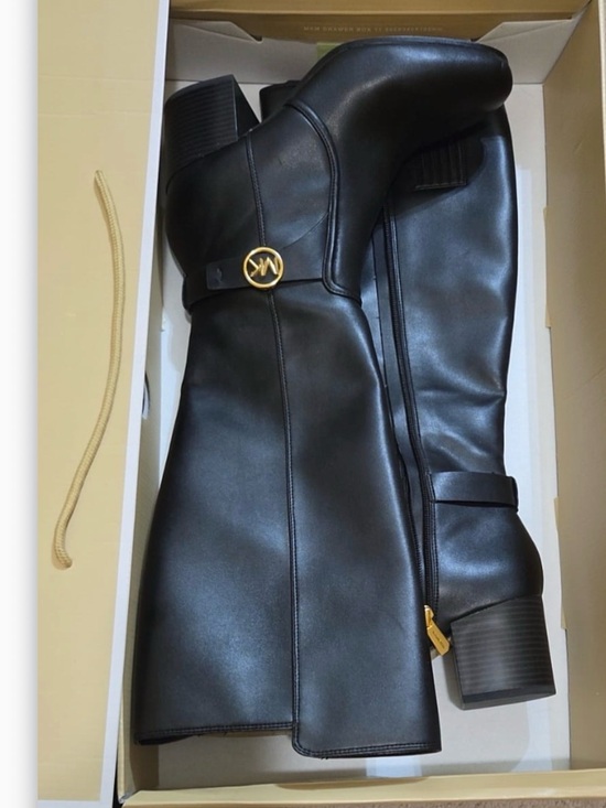 Michael Kors Shoes - Michael Kors Knee High Boots Black Gold Logo Block Heel Sz 8M with Box